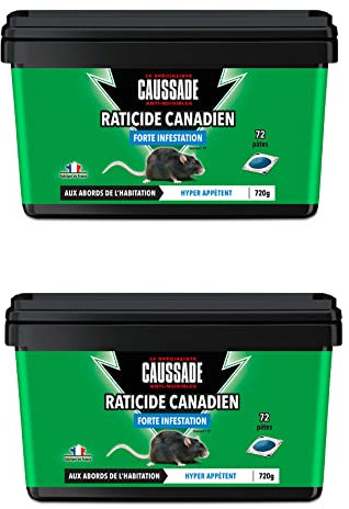 CAUSSADE Raticide Canadien - Anti Rats & Souris - Fortes Infestations - Lieux sec & humides – 144 Appâts pâtes - Prêt à l'emploi - Une Ingestion Suffit - Fabriqué en France - 1440g CARPT720X2
