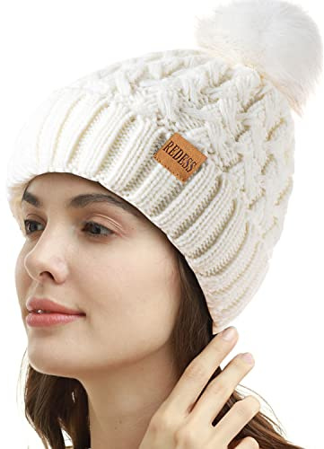 REDESS - Gorro de Invierno con pompón para Mujer, Gorros cálidos con Forro Polar, Gorro Cruzado de Punto de Nieve Holgado Grueso para Damas