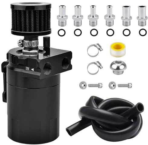 BOMLING Universal Baffled Oil Catch Can 300ml Polish Tank Kit With Breather filter Aluminum Engine Air Oil Separator Tank Reservoir Kit With 3/8 Fuel Line/6 Fittings/Necessary Accessories (Black)