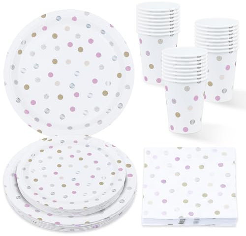 ZVK Assiettes en Papier 96 Pièces Pois colorés Vaisselle de fête Serviettes, Gobelets en Carton pour Fête d'anniversaire des enfants