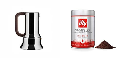 Alessi 6-Cup Espresso Coffee Maker in 18/10 Stainless Steel Mirror Polished with Magnetic Heat & illy Coffee, Classico Ground Coffee for Moka Pots, Medium Roast, 100% Arabica Coffee Beans, 250g