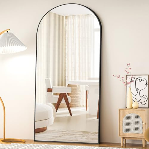 COFENY välvd spegel med stativ, stor väggspegel med aluminiumram, 85 x 192 cm, stående eller hängande spegel för vardagsrum, sovrum, entré, svart
