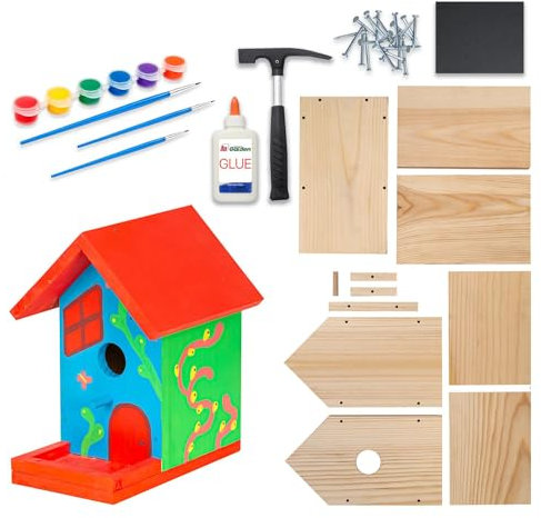 ITA DIY Casetta per uccelli da assemblare e dipingere Skylark 12x21,5x23,5 cm - Kit di costruzione e pittura per bambini - Kit di bricolage per ragazzi e ragazze