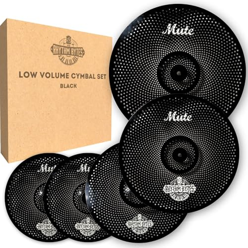 Rhythm Bytes Becken mit geringer Lautstärke, 5-teiliges leises Becken-Set für Trommeln: 35,6 cm Hi-Hats, 40,6 cm und 45,7 cm Crash Becken, 50,8 cm Ride Becken. Toll zum Üben und Proben. Schwarz