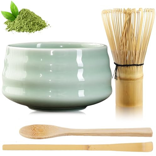 GAOUTO 4 Stück Matcha Tee set: Matcha-Schneebesen mit 2 Matcha Löffel, Matcha Schale aus Keramik Matcha Tea Set matcha zubehör Matcha zubehör Geschenkset für vollendete Tee-Zeremonie