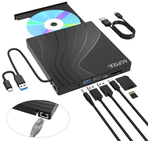AGPTEK Externes DVD Laufwerk, USB 3.0 Slim CD DVD-Brenner mit Ethernet-Adapter, USB-Anschlüssen und TF/SD-Kartensteckplätzen, CD/DVD-Leser/Schreiber für Laptop PC, MacBook, Windows, Linux, Mac OS