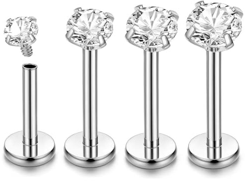 IKOPFLN 4 Paia 16G Cartilagine Helix Orecchini per Donna Uomo,Piercing Orecchio 316L Acciaio Inox Piercing Naso Brillantino Piercing Labbro Piercing Helix - Argento