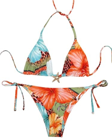 GORGLITTER Women's Leopard Floral Swimsuit Halter Tie Triangle String Thong 2 Piece Bikini Set Star Metal Sexy Swimwear Orange Small