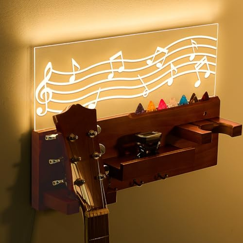 Threehoney Light up Guitar Stand Wall Mount Wood Hanger Shelf with Pick Holder and 3 Hooks for Acoustic Electric Bass Ukulele Violin Guitar Gifts for Musicians Music Lovers Guitarist (Dark Color)