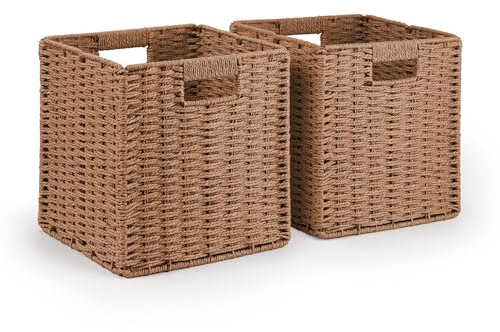 Woodluv Set of 2 Storage Cube Baskets, Wardrobe Organiser Toy Storage Baskets for Shelves, Khaki, 25 x 23 x 25 cm