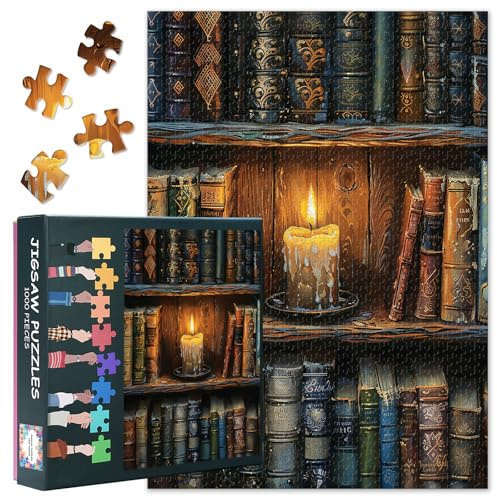 1000 Teile Puzzle Erwachsene - Bücherregal mit brennender Kerze Kunst, 70 x 50 cm Herausforderndes Geschenk für Bücherliebhaber & Männer/Frauen