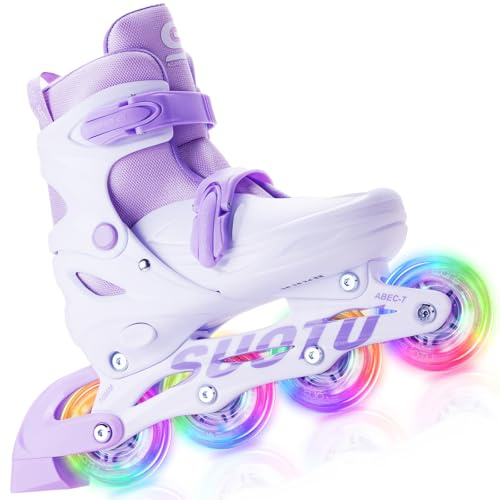 SUOTU Patines en Línea para Niña con Ruedas Luminosas, Tamaño Ajustable, Ruedas de Poliuretano 82A, Rodamientos ABEC-7, Púrpura/Blanco (M: 32-36 EU)