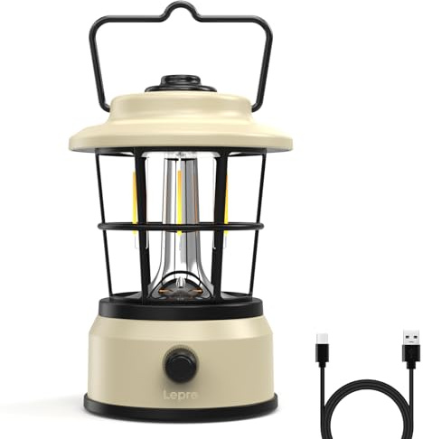 Lepro Linterna de Cámping LED Retro, Farol de Cámping Recargable, Haz de Luz Ajustable en 4 Nivel, Impermeable IPX4, Ideal para Cámping y Picnic, Iluminación Interior y Decorativa, Emergencia, Blanco