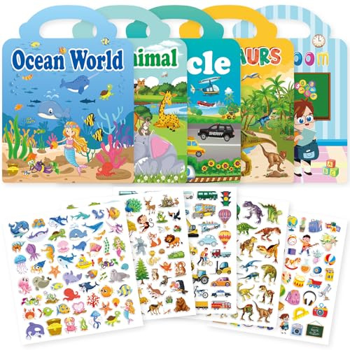 Meafeng® Lot de 5 livres d'autocollants, jouets pour enfants de 2, 3, 4 ans, garçons et filles, tout-petits, jouets éducatifs, cadeaux d'anniversaire