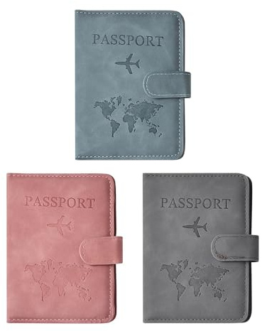 Haluway RFID Blocking Passport Holder, PU Leather Travel Wallet, 3 Pack Travel Document Organiser for Men Women, Pink & Blue & Grey