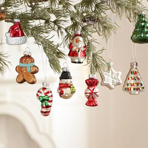 Lot de 9 boules de Noël en verre - Décorations de Noël avec boîte de rangement - Figurines : Saint-Nicolas, bonhomme de neige, Père Noël, sucre d'orge, bonhomme en pain d'épices, flocon de neige
