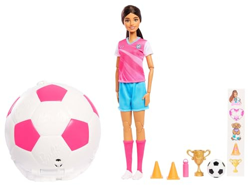 Barbie Team Barbie Roll and Reveal fotbollsspelardocka | Brunett modedocka i fotbollsinkapsling med 8 överraskningstillbehör, från 3 år, JMK20