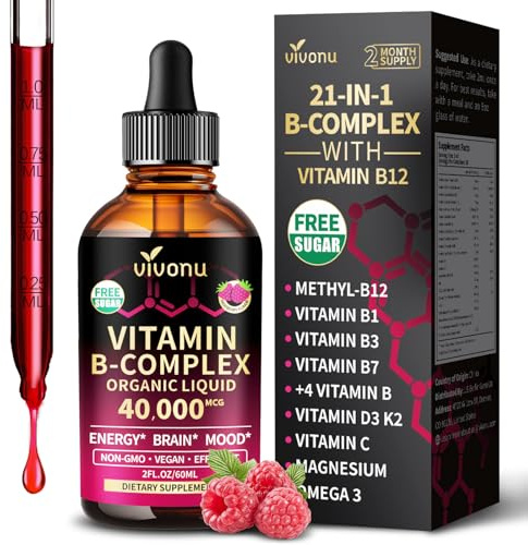 VivoNu Vitamin B Complex Liquid Drops, Methylated Vitamin B12 6000 mcg, B1, B6, B3, B5, B2, Folate, Biotin with Vitamin C D A E, Magnesium, Zinc, CoQ10 for Energy (1 Bottle)