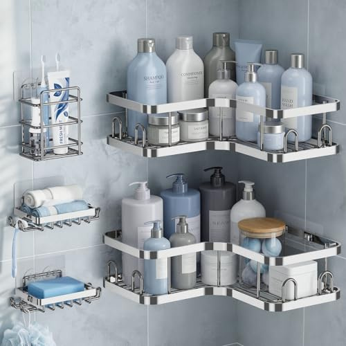 Veken Corner Shower Caddy 5-Pack, Advanced Rustproof Design, No Drilling Adhesive Shelves, Rack with Soap Holder, Large Capacity Bathroom Organizers and Storage, Wall-Mounted Kitchen&Home Decor,Silver