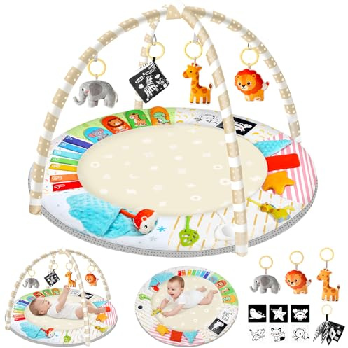 URMYWO Spielbogen Baby– Baby Krabbeldecke mit 5 abnehmbaren Spielzeugen zum Greifen - 6 Entwicklungsregionen – Spieldecke für Babys und Kinder ab 0+ Monaten – Krabbelmatte als Geschenk zur Geburt