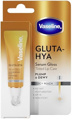 Vaseline Sérum Labial Gluta-Hya Juicy Peach 10ml. Con ácido hialurónico, tripéptido, tecnología Glutaglow y SPF15. Color, volumen y protección. Hidratación al instante y acabado gloss no pegajoso.