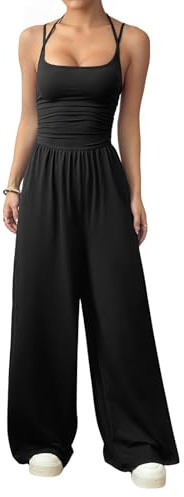 SamHeng Black Casual Jumpsuit for Women Sleeveless Wide Leg Cami Romper S