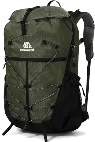 Outplea 35L Hiking Backpack Top Opening, Reflective Travel Daypack Men Women, Lightweight Outdoor Rucksack for Camping Walking Mountaining Sporting, Green