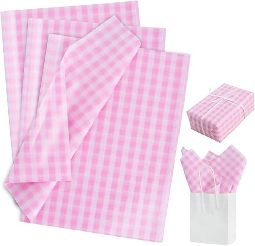 RIBBOOO Lot de 50 feuilles de papier cadeau à carreaux rose et blanc - 35,6 x 50,8 cm - Papier de soie à carreaux - Pour anniversaire, Noël, mariage, remise de diplôme, fête des mères, emballage