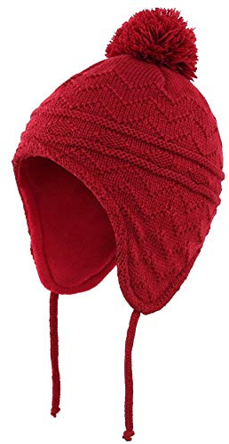 Connectyle Little Girls Knit Kids Hat with Pom Pom Boys Cute Warm Beanie Hat with Earflaps Acrylic Winter Cap L Red