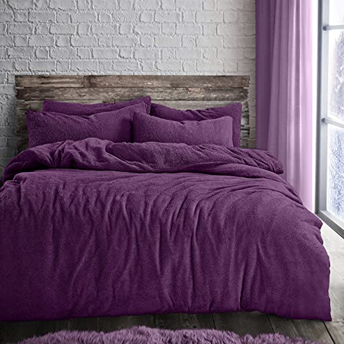 Velosso Teddy Cosy Fleece Duvet Cover Quilt Bedding Set with Pillow Case Thermal Warm Fluffy Super Soft (Purple, Double)
