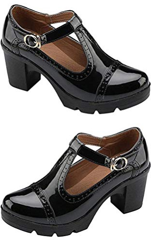 Holibanna Block Heel Women T- Strap Buckle Shoes Platform Heels Chunky Pumps Brogue Pumps Janes Oxfords Round Toe Dress Shoes (Black 41)