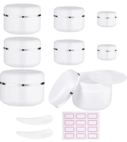 8 Pcs Cosmetic Sample Jars, Including 10ml/30ml/50ml/100ml Travel Pots for Toiletries with Spatulas Tool and Labels for Creams Make-up Sample Glitter Nail Art Storage