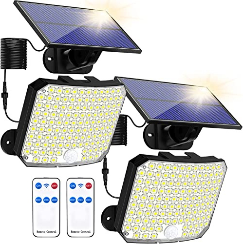 Solar Lights Outdoor, Solar Security Light with Motion Sensor 118 LED Solar Powered Pir Wall Lights with 16.5Ft/5M Cable for Garden, Yard, Pathway - IP65 Waterproof, Separate Solar Panel, 2 Pack