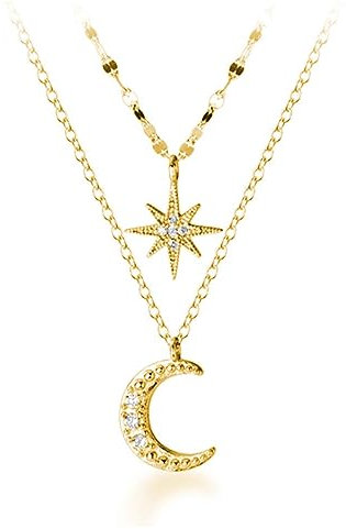 SLUYNZ 925 Sterling Silver Layered Necklace for Women Star Moon Necklace Double Chain Choker (B-Gold Plated)