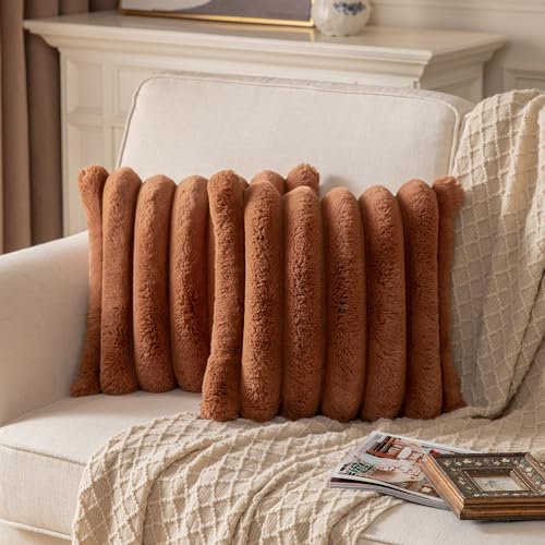 Yaertun 2er Set gestreifte Kissenbezug 40x40cm Braun dekorative Kissenbezüge Sofakissen Dekokissen Wurfkissenbezug zierkissenbezug plüsch Kunstfell Kissenhülle Schlafzimmer Wohnzimmer