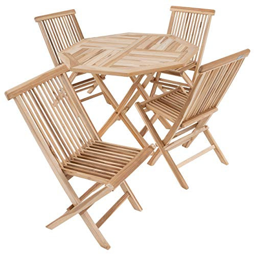 Divero Gartenmöbel Set Genua aus Teak-Holz: 1 Tisch Ø 90 cm achteckig mit 4 klappbaren Stühlen – Farbe: Braun
