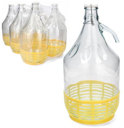 lilawelt24 6 STÜCK 5L Wasserflasche |Glasflasche mit Bügelverschluss |Gallone |GLASBALLON mit Kunststoffkorb |Weinballon