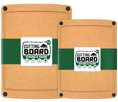 Freshware Wood Cutting Boards for Kitchen, Juice Groove, Non-Slip Silicone Feet, Dishwasher Safe, Medium 12 x 9 and Large, 15 x 11.25, Set of 2, Natural