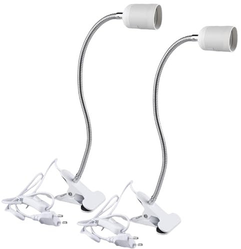 Behogan 2 Stück Klemmleuchte,LED Lampenfassung E27, Klemmlampe 360° Einstellbar,Klemmlampe mit Flexiblem Schwanenhals und Schalter,LED Leselampe Bett für Lesen Innen Beleuchtung,Klemmleuchte, Weiß
