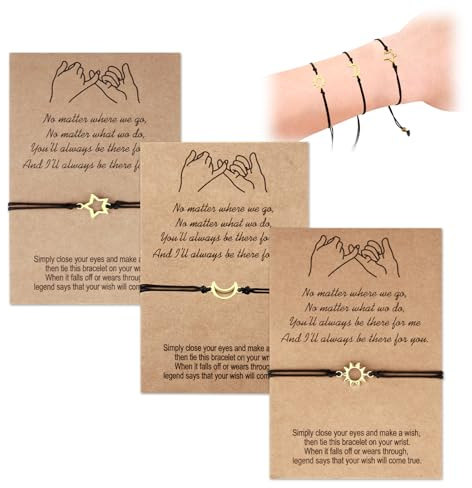 Cncedi 3Pcs Sun Moon Star String Bracelets, Adjustable Distance Matching Bracelet, Lucky String Bracelet with Friendship Card, Promise Bracelet Forever Gifts for Family Couple for Valentine's Day