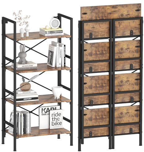 Folding Bookshelf,4 Tier Bookcase Foldable Shelf with X-Bracket Design, Adjustable Feet, Space Saving Storage for Living Room, Office, Rustic Brown