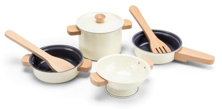 Woet® Set de Ollas y Sartenes de Metal Blanco Roto para Niños - 7 Piezas con Mangos de Madera - Juguete de Cocina de Imitación - Juguete de Cocina de Imitación - A Partir de 2 Años