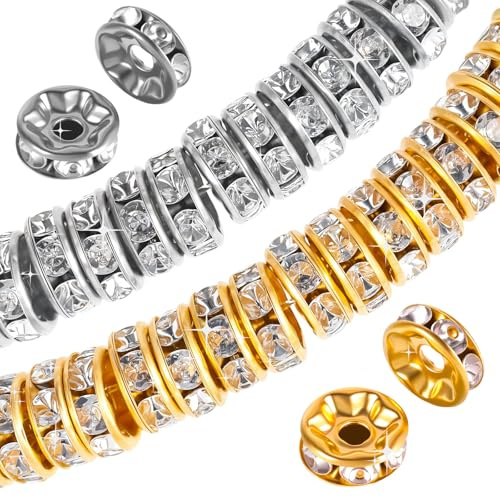 Ouligay 400 stycken mellan pärlor för armband metall mellanpärlor avståndspärlor för att trä 8 mm strass avståndspärlor för armband, örhängen halsband smycken (silver guld)