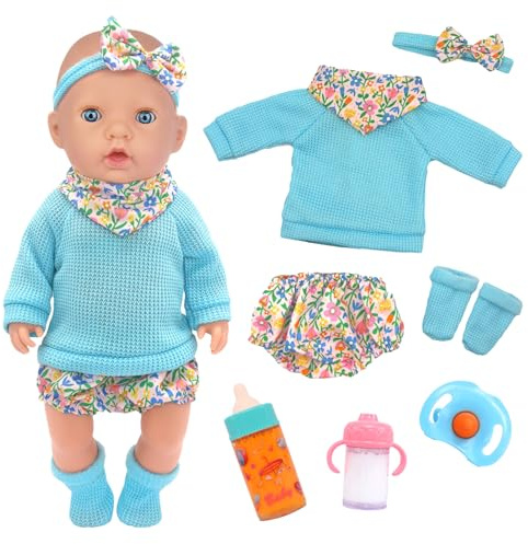 ZITA ELEMENT Baby Doll Clothes for 14-18 Inches Dolls,35-43cm Dolls Clothes & Accessories Outfits with Blue Top,Socks,Shorts,Bottle,Pacifier,Headband,Triangle Scarf,for Birthday Gift (Not Doll)