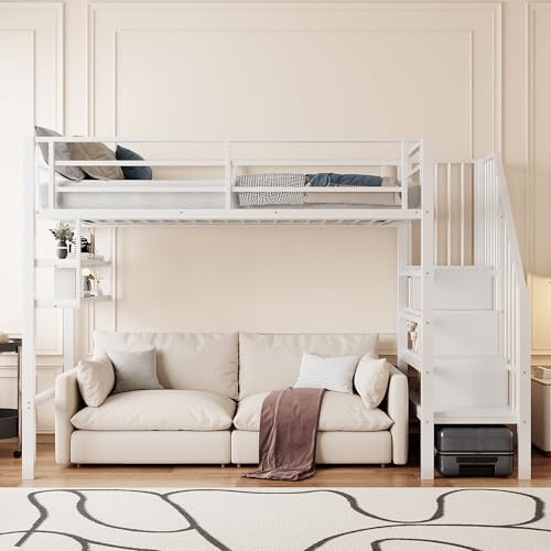 Moimhear Cama alta, 90 x 200 cm, cama de hierro, estantes, escalera de almacenamiento, espacio libre debajo de la cama para disfrazarse, barandilla, sin colchón (blanco)