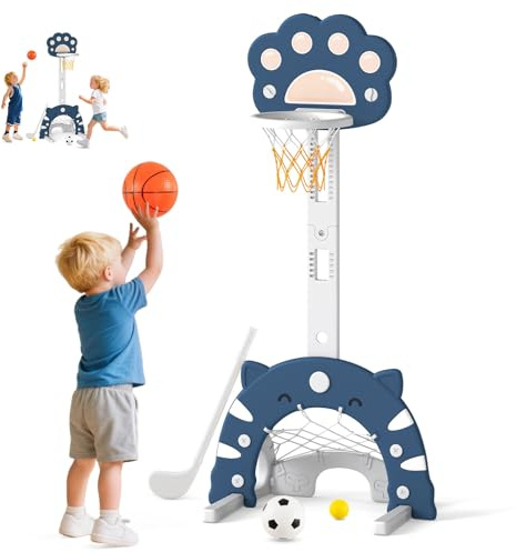 DREAMADE Panier de Basket pour Enfants, 3-en-1 Cercle de Basket Enfant Réglable en Hauteur & Amovable avec Jeux de Football et Golf, Centre de Sport pour 3 Ans+ (Bleu)