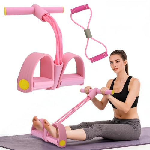 Magtränare, Sit Up träningsutrustning, bodybuildingförlängare, 6 rör, elastiskt dragrep med 8-formade motståndsband, multifunktionell, helkroppstränare för hem, fitness, yoga-träning (rosa)