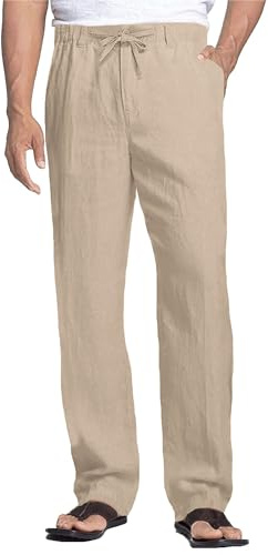 Cegerne Pantalon Lin Homme Été Long Léger Décontracté, Taille Élastique Zip et Cordon, Poches Respirant pour Plage Vacances Quotidien