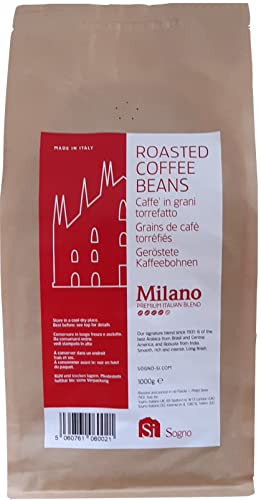 Si Sogno Milano Whole Roasted Beans: Premium Italian Blend, Rich and Smooth; Medium Roast, 1 kg bag