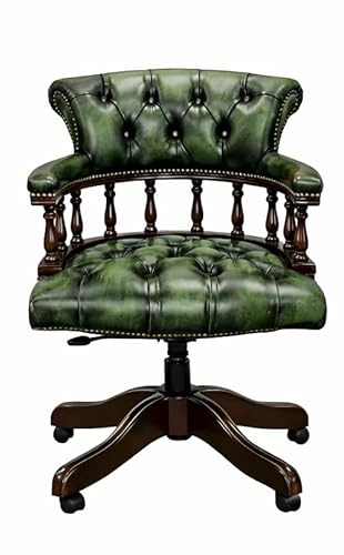 Chesterfield Company Green Chesterfield Captains Leather Office Chair | Swivel Desk Chair with Gas Lift, Tilt Function, Button Tufted Back & Mahogany Base Adjustable 84–91cm